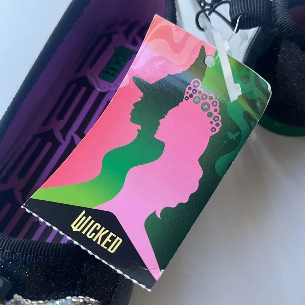 Wicked Black + Purple Ballet Flats Girls Size 9 with faux diamond bow +logo